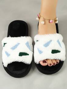 女士秋冬保暖拖鞋，室内家居毛绒拖鞋，带可爱卡通刺绣，温暖 - 白色 - 查看 2
