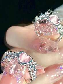 1 chiếc nhẫn thời trang có thể điều chỉnh kích thước, hình trái tim màu hồng có trang trí bằng pha lê, thích hợp cho đám cưới, phù dâu, tiệc tùng, cặp đôi đeo hàng ngày ngày lễ tình nhân - Hồng - Xem 2