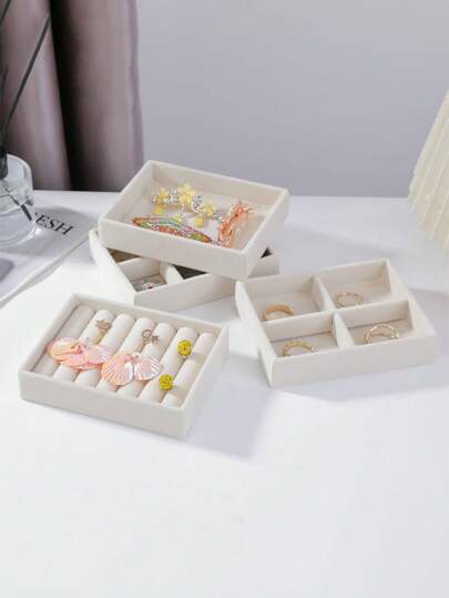 5 Pieces Set/1-Piece Set Gray. Beige Small Velvet Jewelry Display Tray - Fabric Lined Storage Boxes For Bracelets, Earrings, And Rings, Jewelry Storage Trays, Jewelry Trays, Earrings, Jewelry Necklaces, Rings, Home Decor, New Year's Gifts, Valentine's Day Gifts