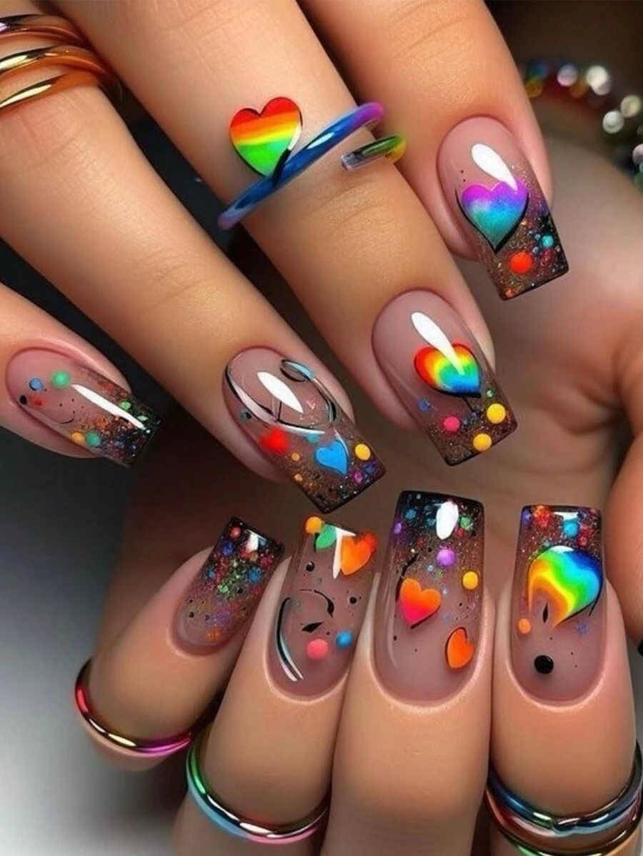 24 móng tay giả hình trái tim mơ mộng và cầu vồng Ombre tối giản vuông kiểu Pháp, thời trang cho cuộc sống hàng ngày, văn phòng và trà chiều - Nhiều màu - Xem 1