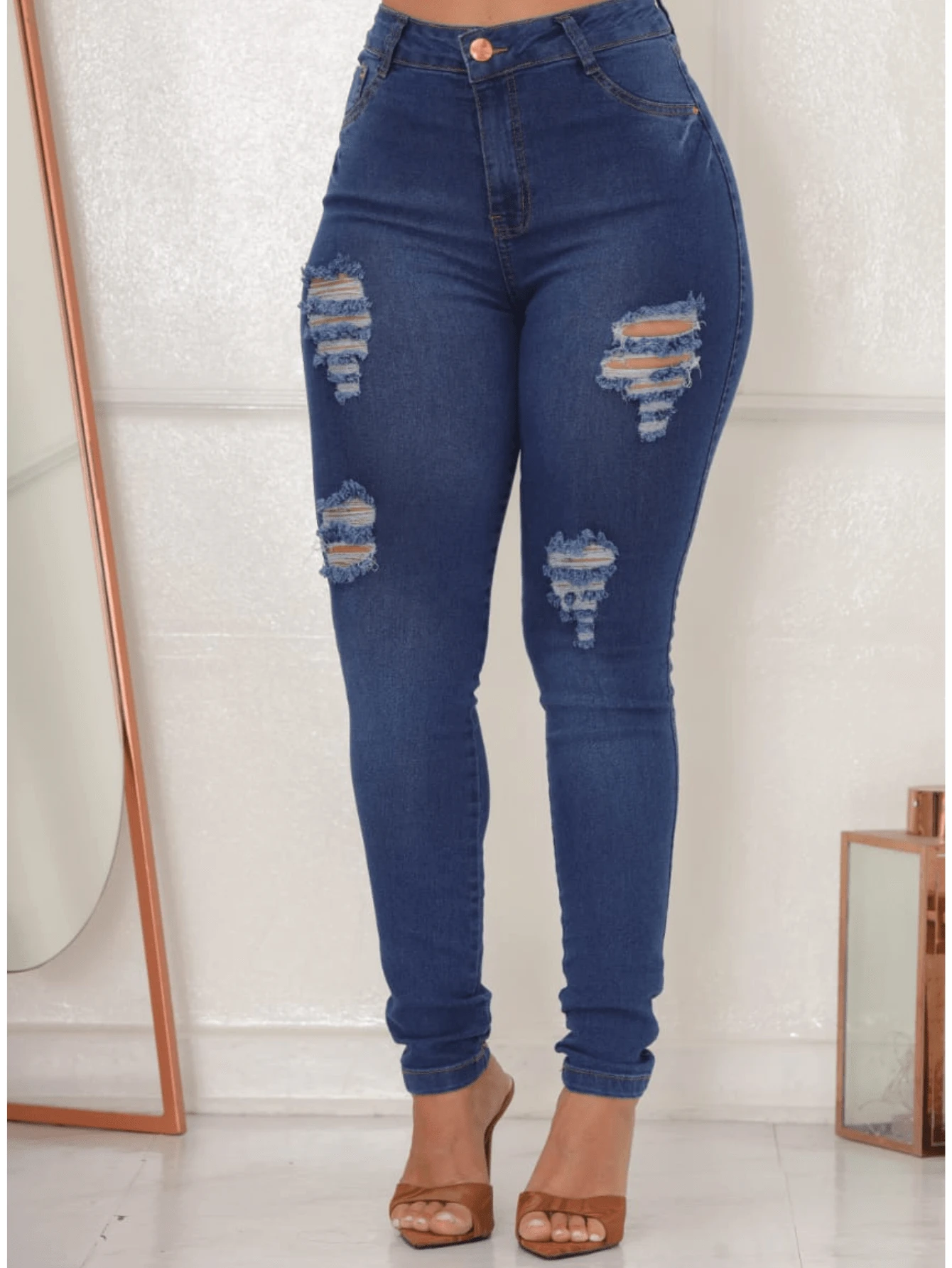 CHC Dark Jeans Plain Ripped Lycra High Waist Skinny Long Women's Pants - 中等水洗藍 - 查看 1
