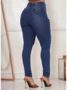 CHC Dark Jeans Plain Ripped Lycra High Waist Skinny Long Women's Pants - 中等水洗藍 - 查看 2