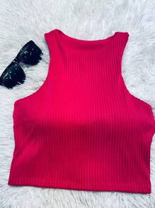 3D Ribbed Crop Top With Cup New2024 D-11 - 玫紅色 - 查看 2