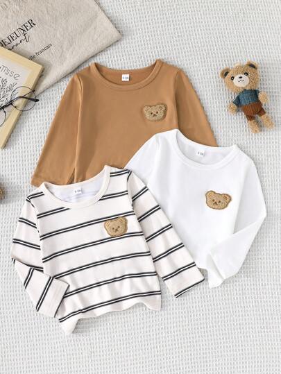 3 件套男宝宝休闲时尚简约风春秋款小熊刺绣条纹圆领长袖 T 恤 + 2 件纯色 T 恤