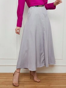 Striped Long Tailored Godet Skirt With Belt, Button, Zipper And Pockets No. 1 - 淺灰色 - 查看 4