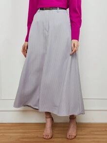Striped Long Tailored Godet Skirt With Belt, Button, Zipper And Pockets No. 1 - 淺灰色 - 查看 2