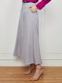 Striped Long Tailored Godet Skirt With Belt, Button, Zipper And Pockets No. 1 - 淺灰色 - 查看 3