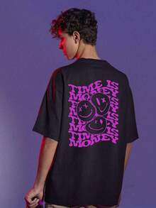 Men's Basic Oversized Cotton T-Shirt Streetwear Style Time Is Money - 黑色 - 查看 2