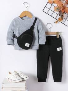 Bhchntiy 3pcs/Set Baby Boy Autumn New Fashion Shoulder Button Contrast Color Round Neck Sweatshirt, Pants And Crossbody Bag Casual Set - Multicolor - View 1