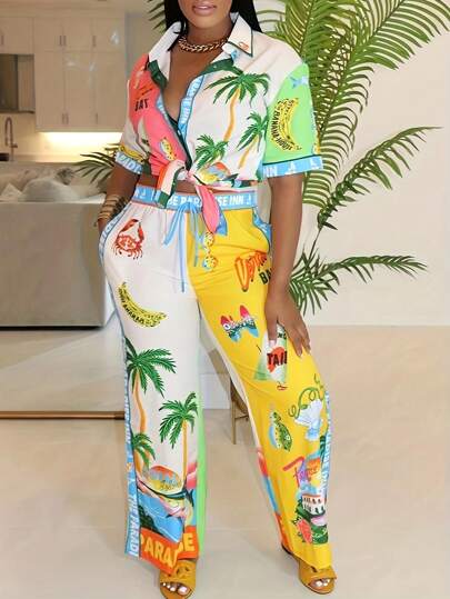 Plus Size Boho Front Tie Short Sleeve Printed Top And Long Pants Casual Suit Set, For Summer Vacation Elegant