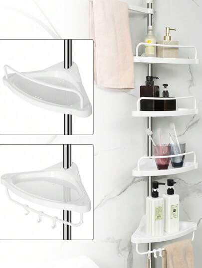 SONGMICS Mensola Doccia Telescopica e Regolabile, Scaffale Angolare Bagno, Altezza Totale 95-300 cm, Acciaio Inossidabile, 4 Ripiani, 3 Ganci, 1 Portasciugamani, Color Argento e Bianco