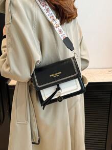 时尚女士手提包，百搭新款斜挎包，休闲撞色设计，小巧方包，宽肩带，适合派对、约会、上学、户外活动等场合，也是一份很棒的礼物。 - 黑色 - 查看 2