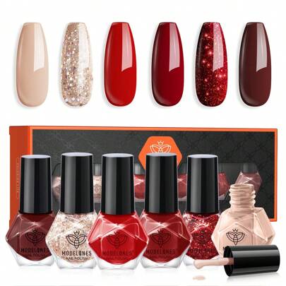  MODELONES Vernis à Ongles 6 Pièces, Vernis à Ongles à Séchage Rapide Rouge Nude Paillettes 6 Couleurs, Vernis à Ongles à Base d'Eau, Vernis à Ongles Longue Durée pour Salon de Bricolage Cadeau pour Femmes Filles Salon de Manucure