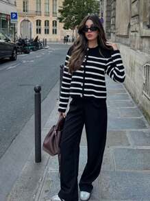 Cárdigan de punto de ajuste holgado y de un solo botonadura en estilo vintage con contraste de color, versátil para otoño/invierno