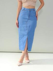 Midi Denim Skirt - 淺色水洗藍 - 查看 3