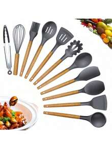 Silicone Spoons Set With Wooden Handle 12 Pieces Kitchen Utensils - 套件4 - 查看 3