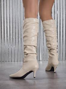 2025 New Fashion Comfortable Versatile Solid Color Pleated Slip-On High Heel Long Boots For Women, Suitable For Any Occasions