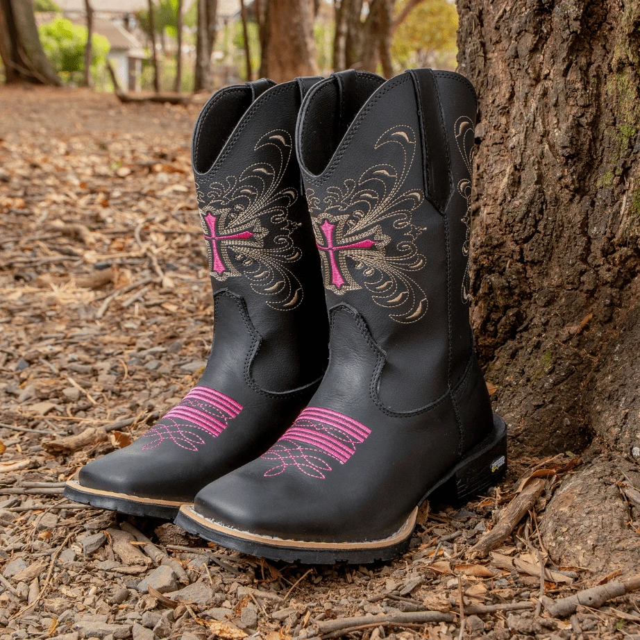 Botina Texana Rustica Bordado Feminino Bico Quadrado Cruz BK - Marrom - Visão 1