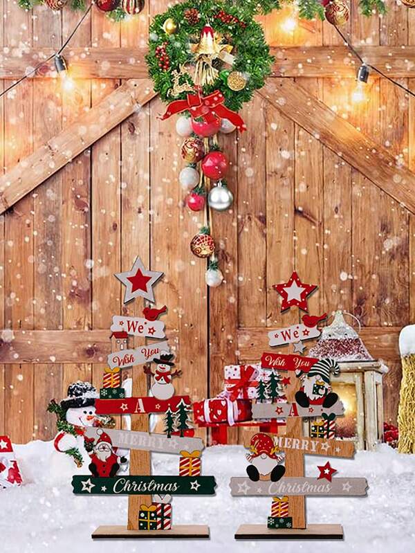 1 Set Wooden Christmas Tree Of Table Desk Top Wooden Sign Designed With Snowman Santas,Rustic Christmas Gnomes Ornaments For Home, Hotel, Shop, Bar, Market Decor,Christmas