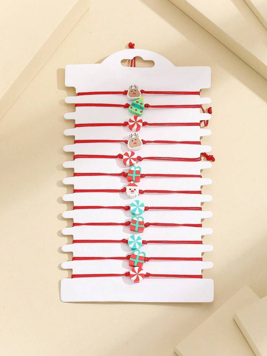 12 件圣诞系列红绳手工手链套装，适合圣诞节礼物 - 彩色 - 查看 1