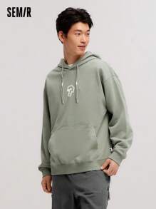 SEMIR 男士宽松印花连帽衫，保暖内衬，冬季情侣上衣 - 綠色 - 查看 3