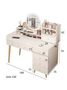 Tocador Compacto Moderno Con Espejo Led 7 Cajones Silla 113x40x100cm - Blanco - Ver 3