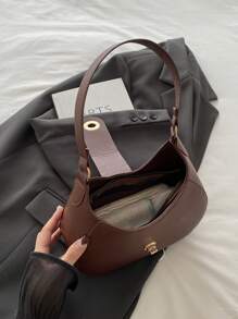 1 件拉链封口 PU 纯色腋下新月包，复古风格单肩包，百搭法棍包，适合女士商务休闲和工作场所 - 咖啡棕 - 查看 10