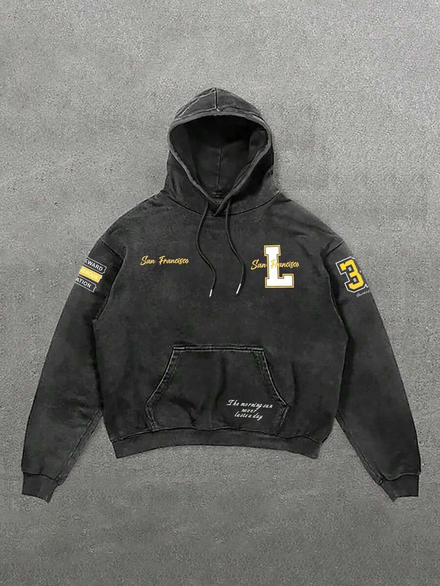男士休闲复古风格旧金山字母印花套头连帽运动衫 - 黑色 - 查看 1