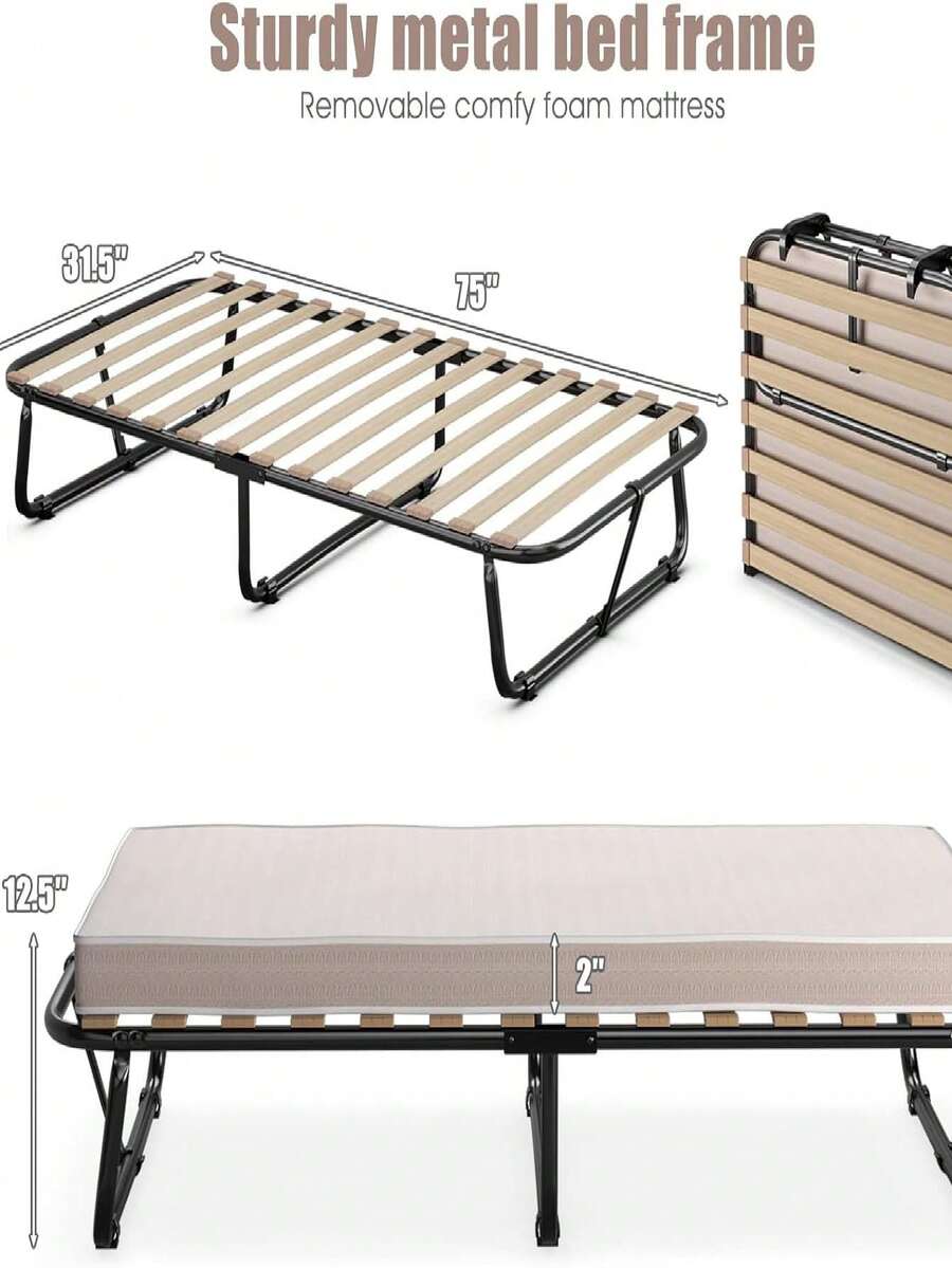 Folding Rollaway Bed With Mattress For Adults, Fold Up Bed With Steel