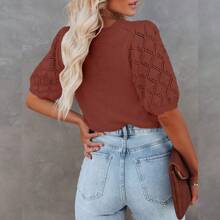 GoyRrbay Casual Lightweight Green Crochet Sweater - Women's Short Sleeve Pullover