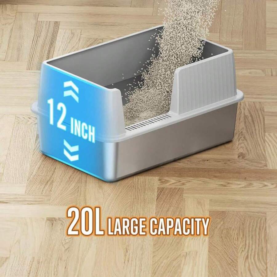 Extra Large Stainless Steel Cat Litter Box With Lid, High Sided Metal