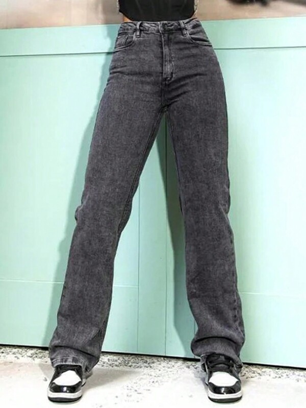 Calça Jeans Grafite Cintura Alta Wide Leg