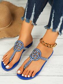 Giày sandal đế bằng mùa hè cho nữ, giày lười đính đá trang trí, giày bệt thoải mái khi đi chơi ngoài trời - Màu xanh lam - Xem 2