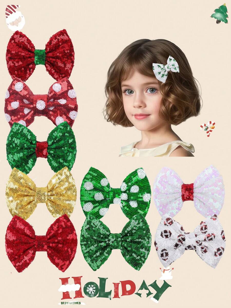 Kẹp tóc nơ vàng kim loại 5 inch (12,7cm) cho Giáng sinh, có thêu, chấm bi, cỏ ba lá, phù hợp cho bé gái - Nhiều màu - Xem 1