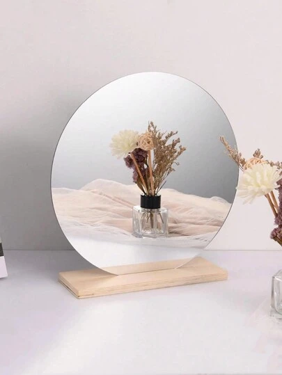 1pc Round Acrylic Makeup Mirror, Decoration Table Vanity Mirror With Stand For Student Dormitory Bedroom Best Gifts Birthday Graduation Home Decor Back To School Room Decor School Supplies