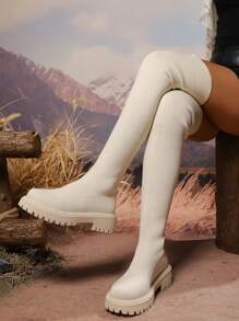 2024 新款百搭透气厚底优雅舒适弹力过膝靴 - 米色 - 查看 2