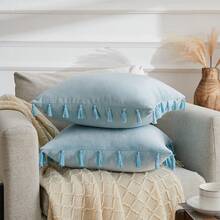 2 piezas de fundas de cojín de terciopelo con borlas en estilo bohemio, aptas para la sala de estar, dormitorio, oficina y decoración del hogar en invierno - Azul - Ver 5