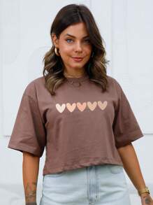 Women's Oversized Hearts Crop Top - D13 - 鏽棕色 - 查看 1