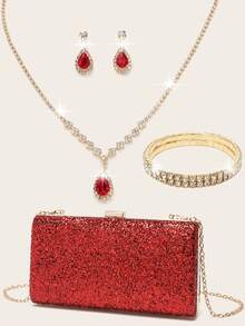 Bộ trang sức pha lê LETODE 4 món, vòng cổ, hoa tai, vòng tay, bộ vòng tay, túi xách buổi tối cho nữ, túi cầm tay, ví dự tiệc, túi đựng đồ ăn tối thời trang thanh lịch, lấp lánh sáng bóng, túi xách cầm tay cho nữ, túi đeo chéo, túi dự tiệc cưới, túi đeo chéo cho nữ và bé gái - Đỏ - Xem 2