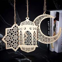3 Pcs Wooden Pendant Ornament Ramadan Hollow Decoration Moon Star Wind Light Shape Pendant Ornament Happy Eid Hanging Sign For Ramadan Mubarak Eid Party Decorations