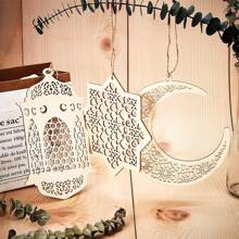 3 Pcs Wooden Pendant Ornament Ramadan Hollow Decoration Moon Star Wind Light Shape Pendant Ornament Happy Eid Hanging Sign For Ramadan Mubarak Eid Party Decorations