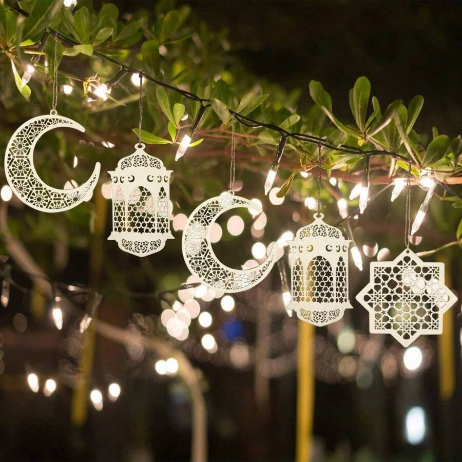 3 Pcs Wooden Pendant Ornament Ramadan Hollow Decoration Moon Star Wind Light Shape Pendant Ornament Happy Eid Hanging Sign For Ramadan Mubarak Eid Party Decorations