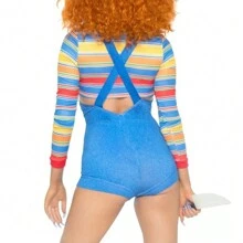 Women's Bib Shorts Set Colorful Striped Long Sleeve Front Hollow Slim Short Tops + Letter Bib Shorts - 藍色 - 查看 3