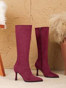 Women's Brown Pointed Toe High Heel Slim Leg Boots, Chunky Heel, Elegant British Style, Side Zipper, Over The Knee, Short Legs, Suitable For Spring And Autumn, Catwalk Performance