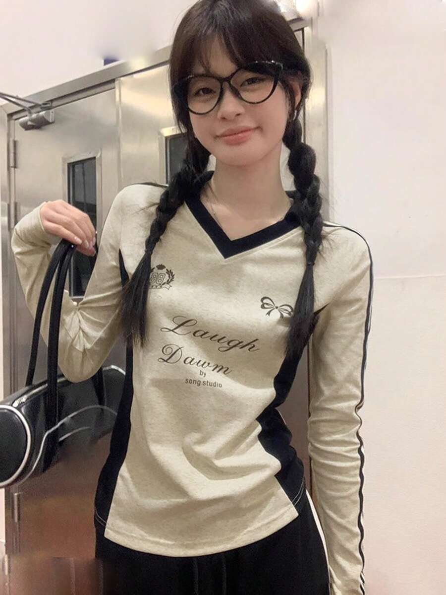 女士 V 领插肩长袖 T 恤，字母印花，修身款，秋冬内衣