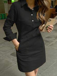 Spring And Autumn New Style Fashion Casual Lapel Button Decoration Long Sleeve Women's Short Dress Black Elegant - Black - View 5