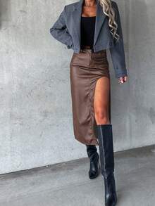 Fashionable Slit Sexy Bodycon Punk Style Skirt - Brown - View 3