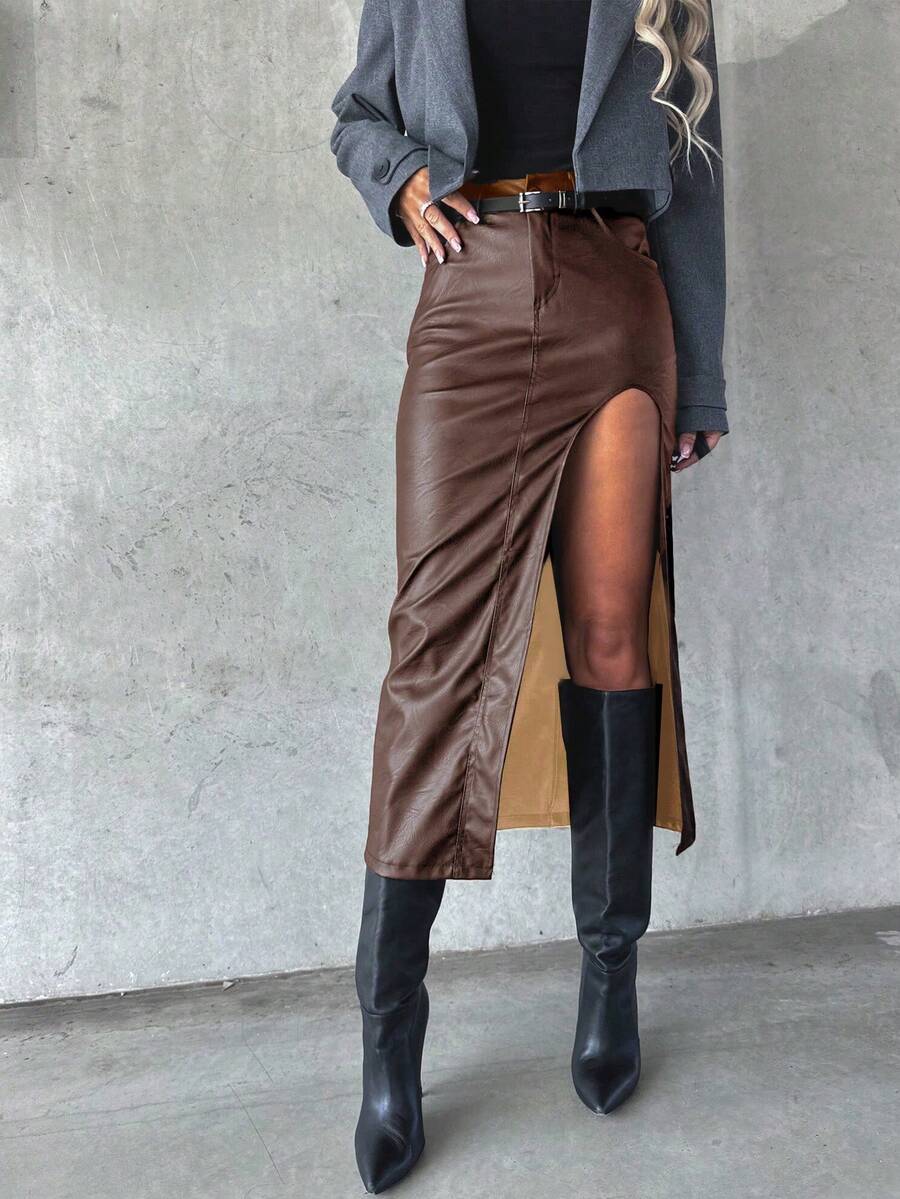 Fashionable Slit Sexy Bodycon Punk Style Skirt - Brown - View 1