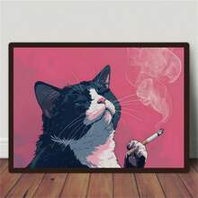 1 件异想天开的吸烟猫艺术印刷品 - 独特的无框壁挂装饰，适用于客厅、卧室、家庭办公室 - 充满活力的现代复古装饰艺术风格动物印刷品，带有黑猫主题，无框 - 彩色 - 查看 10