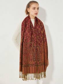1pc Retro Elegant Versatile Paisley & Pattern Scarf - Burgundy - View 9